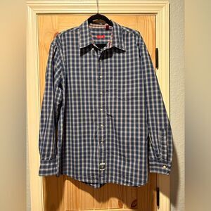 Izod Shirt Mens XL Button Down Long Sleeve Plaid Blue White Casual Dress Cotton